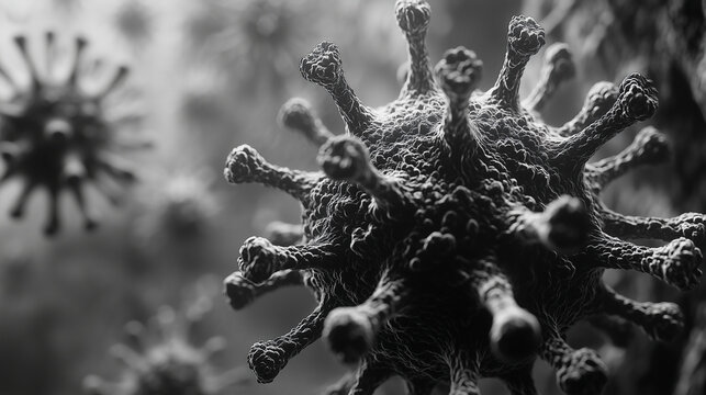 Close-up of an extremely detailed grayscale representation of the virus, surrounded by blurred natural elements. The background is softly out of focus