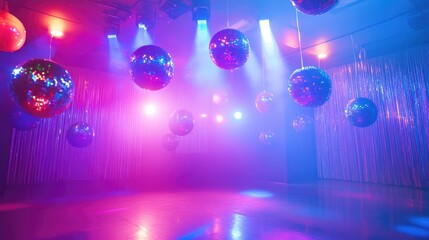 A disco dance studio filled with colorful props and lighting, where dancers practice their routines...