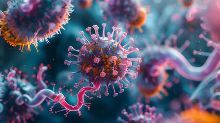 Fototapeta premium Close-up of a virus under a microscope, with irregular shape.