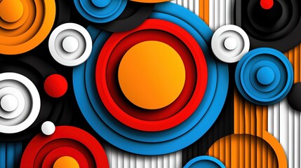 Vibrant abstract circles in red, blue, yellow, and black create a lively and dynamic visual composition.