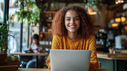 Young smiling woman sits at table with laptop in busy coffee shop