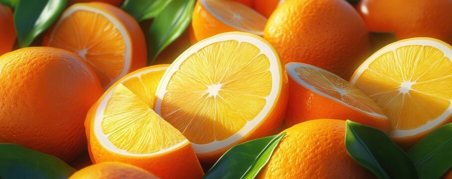 Fresh and juicy oranges with vibrant colors and lush green leaves, perfect for healthy recipes or refreshing drinks.