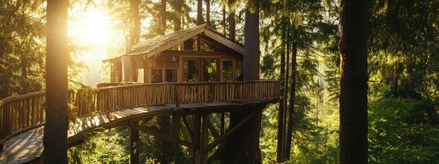 Obraz premium Woodland hideaway: tree house, high in the trees, a serene and whimsical space, the simplicity of nature meets the charm of a handcrafted shelter, creating a perfect escape