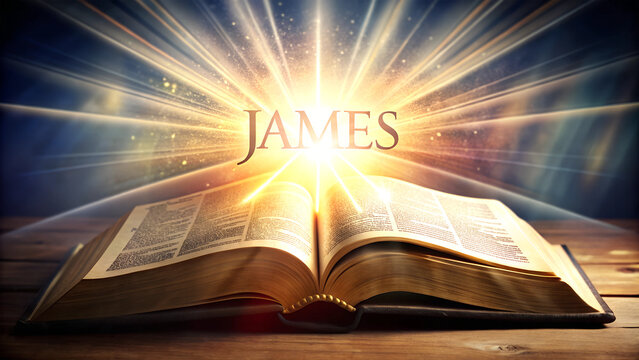 illustration, open book bible, JAMES, word of god, light on the book, AI generated
