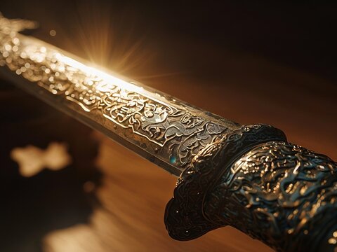Close-up of a ornate, silver sword with intricate carvings reflecting sunlight on a wooden surface.