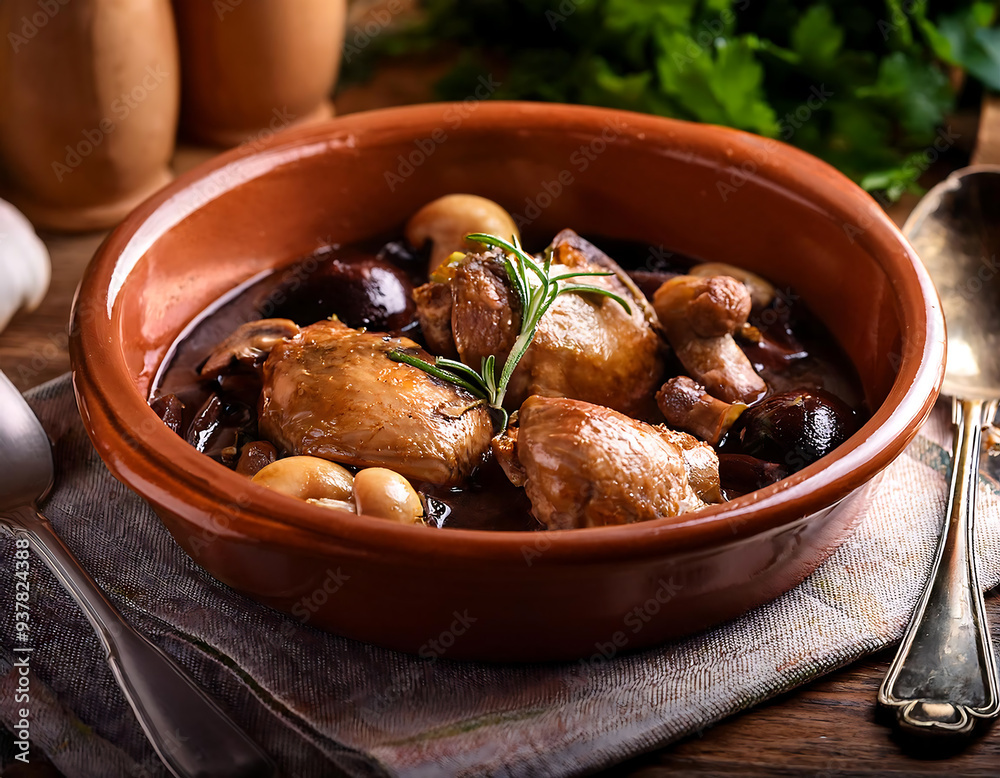 Wall mural A rustic French dish of Coq au Vin