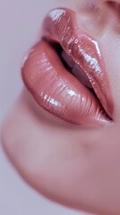 Fototapeta premium A woman's lips are painted with a shiny, pink lip gloss