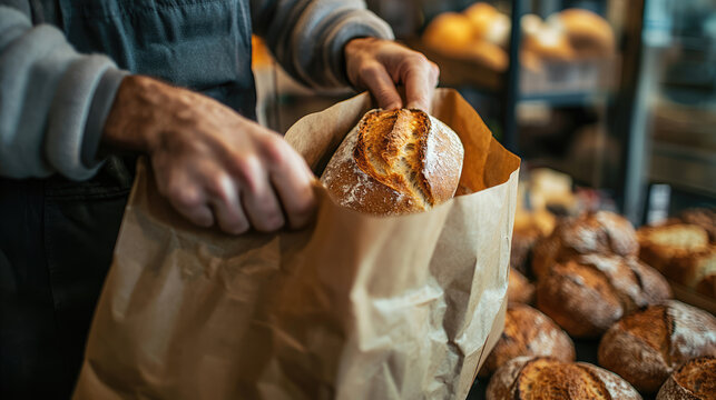 Seller packing bread into the paper bag in the bakery shop, close-up view on the bag with copy space