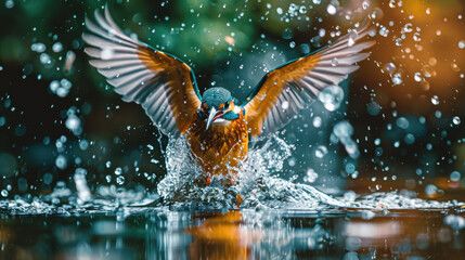 Fototapeta premium A close-up of a kingfisher breaking the waterâ€™s surface, wings flapping and water droplets splashing around, intense focus in the birdâ€™s eyes