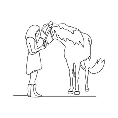 One continuous line drawing of 
someone is leading his horse vector illustration. Animal themes design concept in simple linear style vector. Good asset for educational presentation animal purpose.