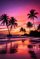 Obraz premium vibrant coastal sunset silhouetted palm trees colorful sky, beach, ocean, horizon, evening, scenery, nature, landscape, tropical, dusk, twilight, reflection