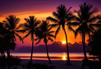 vibrant silhouettes palm trees set stunning sunset sky rich colors dramatic lighting, tropical, evening, landscape, horizon, warm, dusk, scenery, cloud, orange