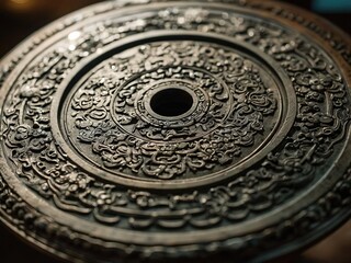 Fototapeta premium Close-up of an ancient bronze disk with intricate carvings and a central hole. The disk is weathered and has a rich patina.