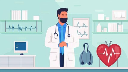 A confident doctor stands in a modern clinic, ready to assist patients with heart care and health monitoring.