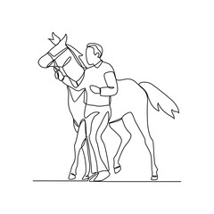 One continuous line drawing of 
someone is leading his horse vector illustration. Animal themes design concept in simple linear style vector. Good asset for educational presentation animal purpose.