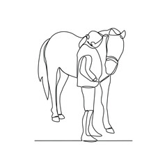 One continuous line drawing of 
someone is leading his horse vector illustration. Animal themes design concept in simple linear style vector. Good asset for educational presentation animal purpose.