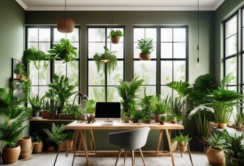 Fototapeta premium tranquil workspace featuring nature inspired decor natural calming elements productive environment, greenery, plants, desk, chair, wood, aesthetic, art