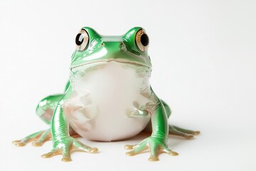 Obraz premium A vibrant green frog sitting elegantly against a white background, showcasing its unique features and charm.