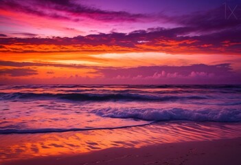 vibrant beach scene stunning sunset hues blending into sky reflecting calm ocean waters, reflection, colors, light, nature, clouds, landscape, sand, shore