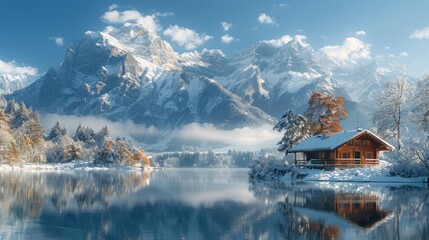 Cozy cabin by a lake with snow-covered mountains in the background.