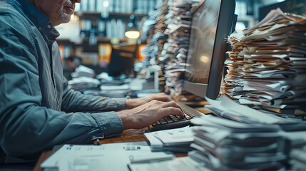 Fototapeta premium An office worker typing on a computer with mildly exaggerated colors and floating papers