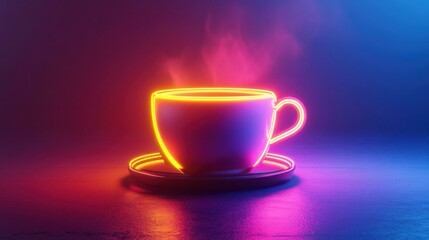 Obraz premium Neon Coffee Cup: A Vibrant and Steaming Beverage Experience in Digital Art