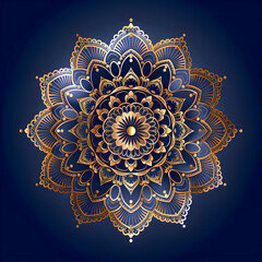 Elegant Golden, Blue Metal Mandala on Dark Background: High-Definition Vibrant Abstract Colorful Floral with Ornamental Patterns. 3D Mandala Design.