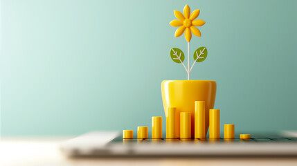 A cheerful yellow flower emerges from a pot atop a digital tablet, with colorful bar graphs rising around it. This composition highlights the fusion of nature and technology