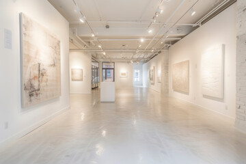 Contemporary art gallery with pristine white walls and abstract white brick texture accent walls.