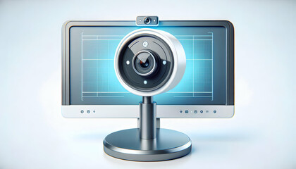 Modern Webcam on Flat Screen Monitor for Virtual Meetings | Technology Concept on White Background | Stock Photo