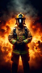 Naklejka premium Firefighter with burning background