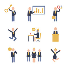 Businesswoman and man standing, walking, running and sitting poses and postures. Artworks depict various business woman actions such as jump, using phone, pointing, thinking, talking, walk, and run.