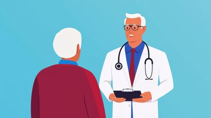Fototapeta premium A confident doctor smiling and discussing health with an elderly patient, symbolizing care and compassion in healthcare.