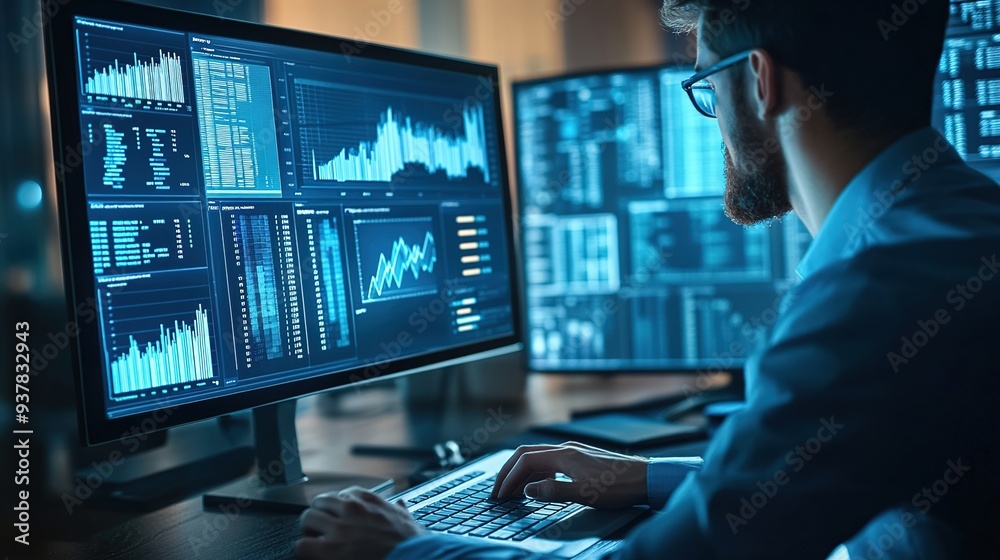 Poster analyst using a computer dashboard for business analysis and data management, focusing on technology