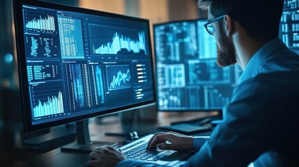 Naklejka premium Analyst using a computer dashboard for business analysis and data management, focusing on technology and finance