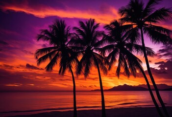 Obraz premium vibrant palm silhouettes framed colorful sunset backdrop fiery orange deep purple hues, aesthetic, beauty, bright, canvas, coastal, dramatic, dusk, enchanting