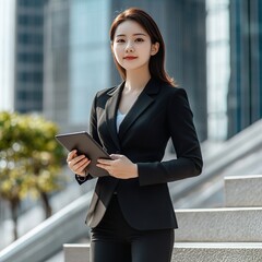 Asian business woman in a black suit holding a tablet while standing on the steps against the backdrop of business centers