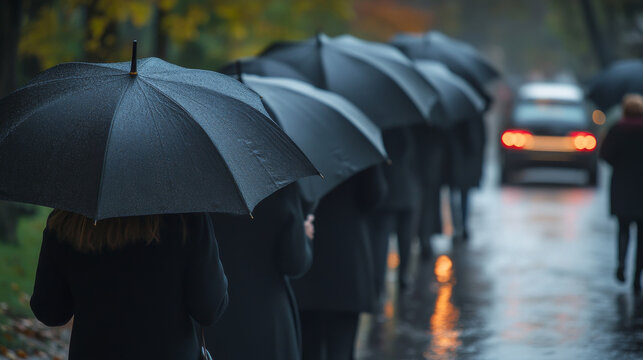 A somber funeral procession on a rainy day, with mourners carrying black umbrellas as they follow the hearse down a wet road.

