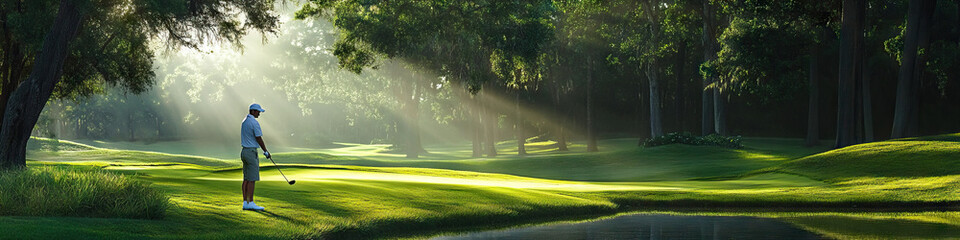 Fototapeta premium Older Caucasian man playing golf on a beautiful green course