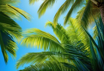 Fototapeta premium vibrant green palm leaves bright clear blue sky creating lively tropical atmosphere, nature, foliage, plant, sunlight, summer, outdoors, botany, texture