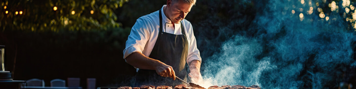 Middle-aged Caucasian man grilling steaks on a charcoal grill in the backyard