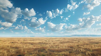 A vast, open landscape under a bright blue sky with fluffy clouds and golden grass.
