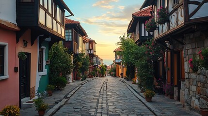 Obraz premium Traditional street in the old town of Sozopol Bulgaria : Generative AI