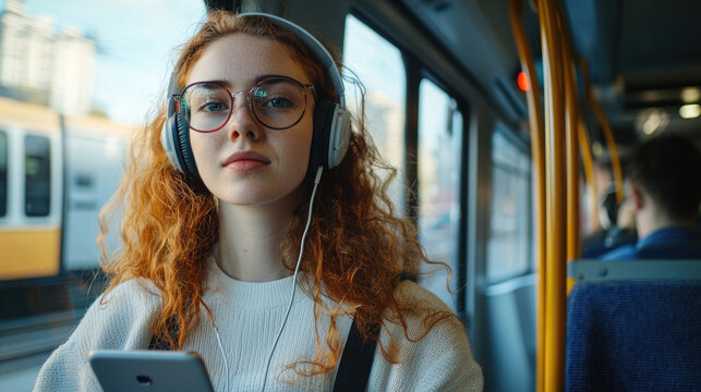 Young woman passenger standing with headphones and smartphone while moving in the modern tram, enjoying trip at the public transport