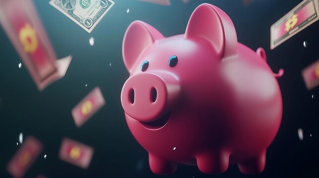 A cheerful pink piggy bank surrounded by flying banknotes, symbolizing savings, financial growth, and wealth management.