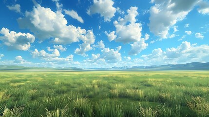 A serene landscape featuring lush green grass under a bright blue sky with fluffy clouds and distant mountains.