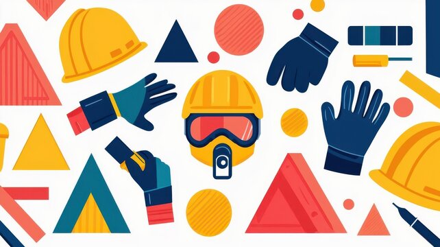 Colorful illustration of construction and safety equipment, featuring helmets, gloves, and geometric shapes for design.