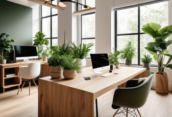Fototapeta premium stylish minimalist workspace featuring nature inspired design elements clean lines productive environment, interior, decor, modern, office, furniture, wood