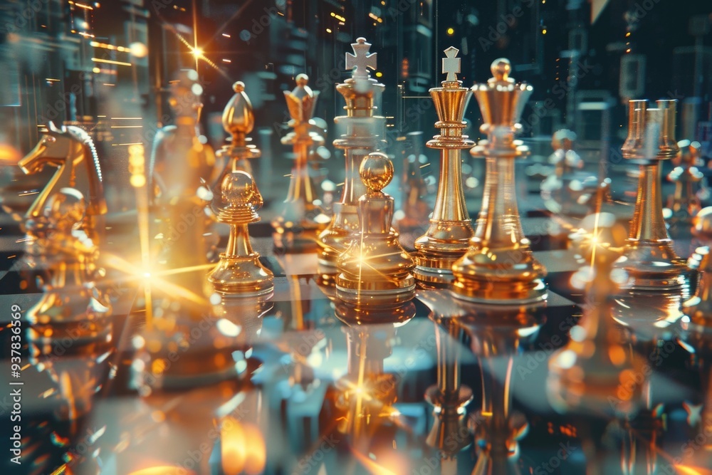 Poster A collection of chess pieces sitting on a table, ideal for use in educational or gaming contexts