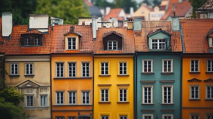 Fototapeta premium Rows of old colorful historic houses at old town market square warsaw poland : Generative AI